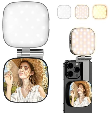 CloudValley Luce Selfie Magnetica con Specchio, Ring Light LED Portatile 3-in-1 per iPhone & Android, Supporto Pieghevole Ricaricabile, Illuminazione Beauty per Video, Streaming & Registrazioni, Nero