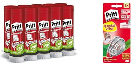 Bundle Pritt Colla Stick 10 x 43g, tenuta forte per uso scuola e ufficio, 10 stick x 43g & Pritt Flex Roller, Bianchetto a nastro riscrivibile, Confezione da 2 (4.2mmx10m)