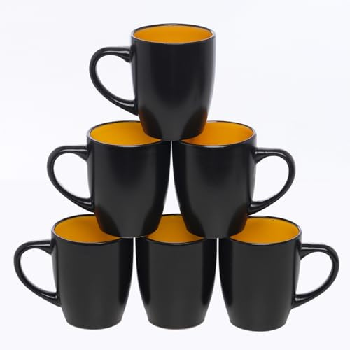 HOMD Coffee Cup Set 6-12oz Large Handle Ceramic Cup for Coffee, Soup, Tea, Milk, Latte, hot Cocoa, Ladies, Men-New Porcelain Mug Set. (Black and Yellow)