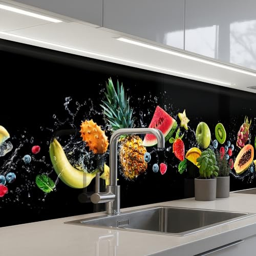 KitchenYeah© Rückwand Küche Rückwandschutz Selbstklebend Spritzschutz | 60x250 cm - Küchenrückwand Küchenfront Küchen Selbstklebende Küchenrückwände Spritzer - Obst - Schwarz