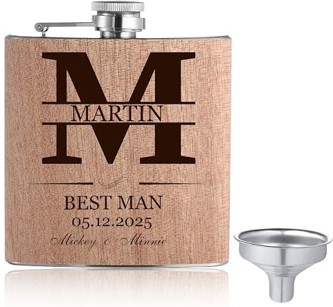 INBLUE Flasque a Alcool Personnalisée avec Nom et Motif Flacon en Acier Inoxydable Aspect Bois Cadeau Personnalisé pour Hommes Femmes Garçons D'honneur Randonnée Mariage Fête - A1