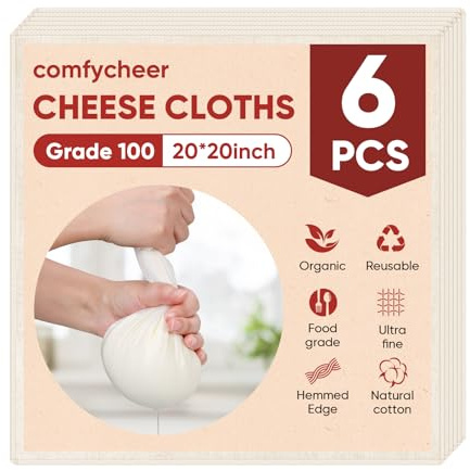 Cheese Cloths for Straining, 6PCS 20 * 20Inch Grade 100 Chees Cloth with Hemmed Edge,100% Cotton Unbleached,Reusable Muslin Cheesecloth for Straining, Making Yogurt, Juicing