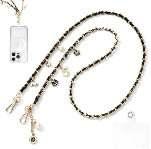 HUSOUE Handykette Perlen, Universal Handyband zum Umhängen Handyketten Leder Crossbody Handy Umhängeband mit Patch Taschenkette Perlen für Meisten Smartphones (Schwarz)