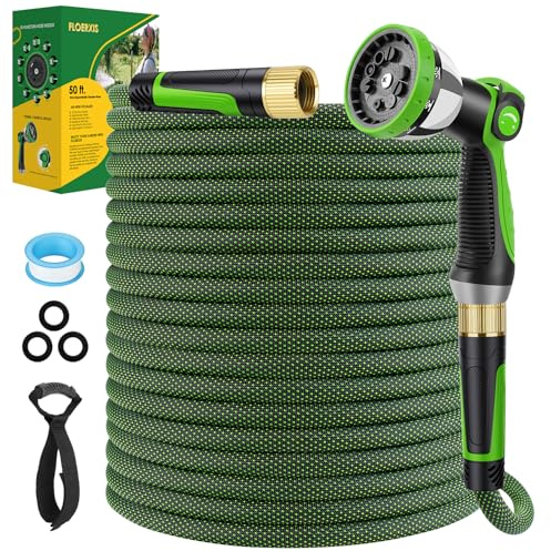 FLOERXIS Non-Expandable Garden Hose 50 FT, Lightweight Hose with 10 Function Spray Nozzle, Kink-Free Flexible Water Hose, Durable, Leak-Proof, 360° Swivel Connectors, Portable Storage Strap