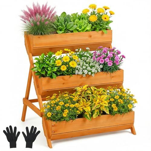 Warmiehomy 3 Tier Wooden Planter with Gloves, Elevated Raised Garden Bed with Drainage Holes, Outdoor Vertical Planter Box for Vegetables, Flowers, Herbs, 65 x 75 x 76 cm, Brown