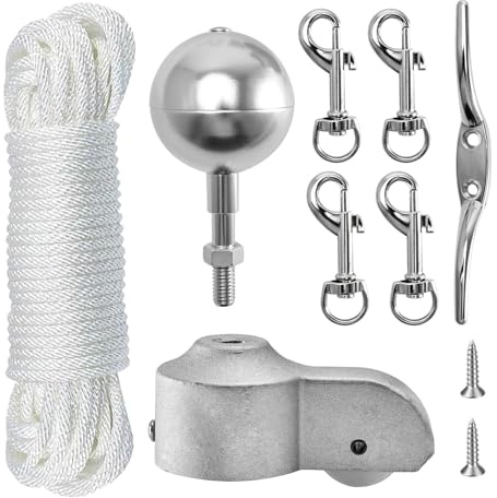 Fanyufly Flaggstång tillbehörsset, flaggstång reparationsset inkl. kula, 15 m rep, 4 karbinhakar, lampa och aluminiumtopp med reprulle, för trädgårdsdekoration och utomhusbruk, silver