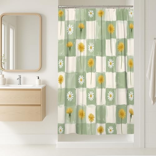 Cortina de ducha de diente de león, primavera naturaleza crisantemo verde a cuadros verde primavera lavable con ganchos, cortinas de ducha para baño, decoración de habitación de invitados, 36 x 72
