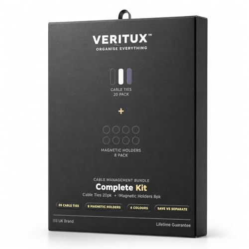 VERITUX Cable Management Complete Kit Silicone Cable Ties 20 Pack Magnetic Cable Holders 8 Pack Bundle Home Office Desk Organisation Black