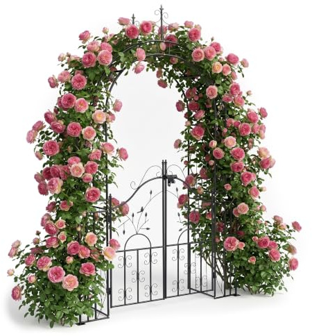 Relaxdays Rosenbogen mit Tür, Metall, Garten, schwarz | H x B x T: 235 x 144 x 45 cm, Rankbogen für Kletterpflanzen