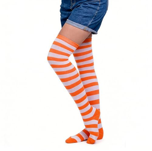 Benefeet Sox Gestreifte Oberschenkelstrümpfe für Damen, niedlich, gestreift, für Teenager, Mädchen, lange Baumwollsocken, Orange, weiß, Einheitsgröße