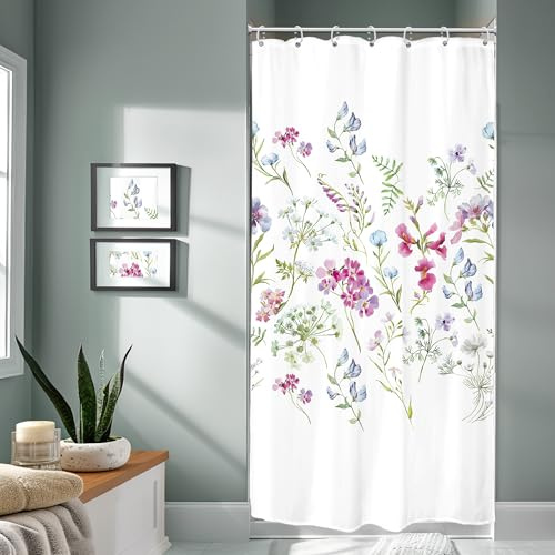 Riyidecor Duschvorhang mit Kräutern und Blumen, 91.4 cm B x 182.9 cm H, kleiner Stall, Aquarell, Wildblumen, zartes Blume, rosa Stiefmütterchen, Retro-Stil, weiß, Polyester, wasserdichter Kunststoff