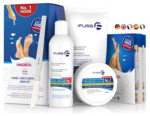 Mr. Fuss® No. 1 - Advanced Pack Steel - Klein, Nagelhaut- Hornhautentferner Sparpaket 4 tlg. Aktiv-Lösung Schnell & Stark erweichend - 200 ml, Balsam No. 2-100 ml, Watte, Edelstahl-Schaber