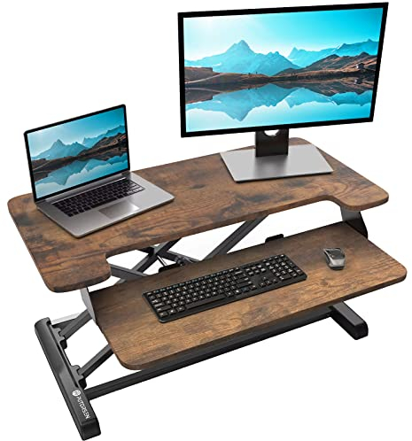 PUTORSEN Höhenverstellbarer Sitz-Steh-Arbeitsplatz Schreibtisch Computer Riser Workstation, Schreibtischaufsatz Steharbeitsplatz Standtisch - 32 Tabletop Stehpult Konverter - Rustikales Braun