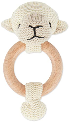Bieco Greifling Rassel | Ø 8cm, Länge 14cm | Niedliche Schaf Häkel Rassel mit Holz Ring | Baby Greifling für Junge & Mädchen