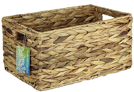 Large Rectangular Water Hyacinth baskets. Natural baskets light colour and with grey edges. Open bins for storage of shoes, toys or books and magazines (37cm, Natural)