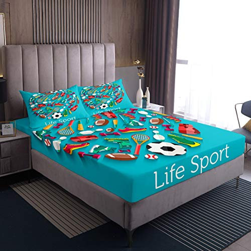 Juego de ropa de cama de fútbol y rugby, juego de sábanas de bola 3D, para niños, niñas, deportivas, sábana bajera competitiva con 1 funda de almohada, 2 piezas, ropa de cama individual