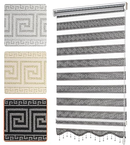 Doppelrollo mit Muster Mäander Deko Griechische Welle Ornament Motiv Klemm Duo Rollos für Fenster Innen ohne Bohren Schwarz Silber 80x200 cm