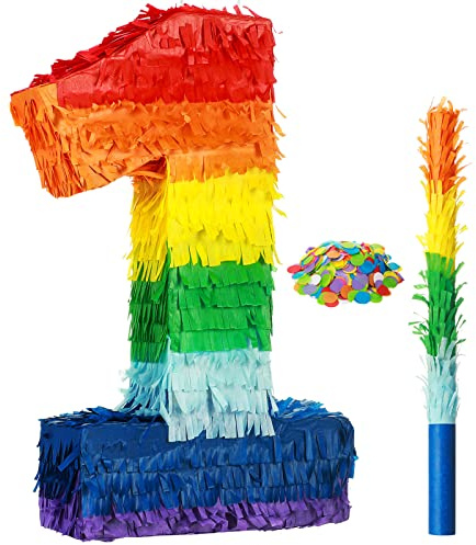 Sratte Rainbow Number Piñata Multicolor Piñata Small Birthday Party with Blindfold Stick and Confetti for Birthday Anniversary Cinco De Mayo Fiesta Party Decor(Number 1)
