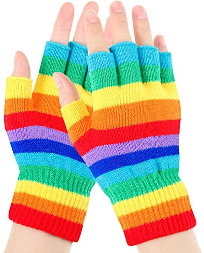 EBOOT Winter Unisex Thermal Fingerless Gloves Rainbow Striped Knit Fingerless Mittens Half Finger Warm Typing Gloves Stretchy Hand Warmer for Men Women