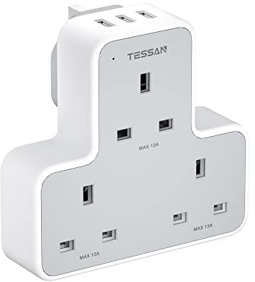 3 Way Plug Adapter UK, TESSAN Multiplug Socket with 3 USB, Wall Plug Extender Adapter, Multiple Outlets Extender with Triple USB Charger for Home, Office, School Supplies
