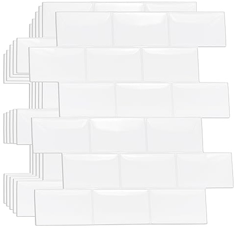 WALPLUS 40 PCS Pure White 3D Tile Stickers 15.4 x 30.5 cm, Peel and Stick Waterproof Self Adhesive Wall Tiles for Kitchen Bathroom Splashback