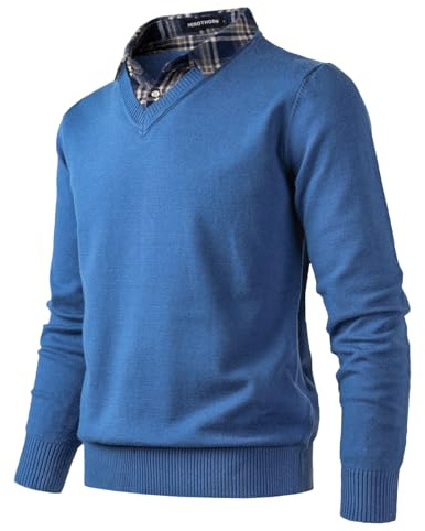 Herothorn Stickad tröja för män mode pullover mjuk touch v-ringad tröja topp med rutig krage, En blå, XL