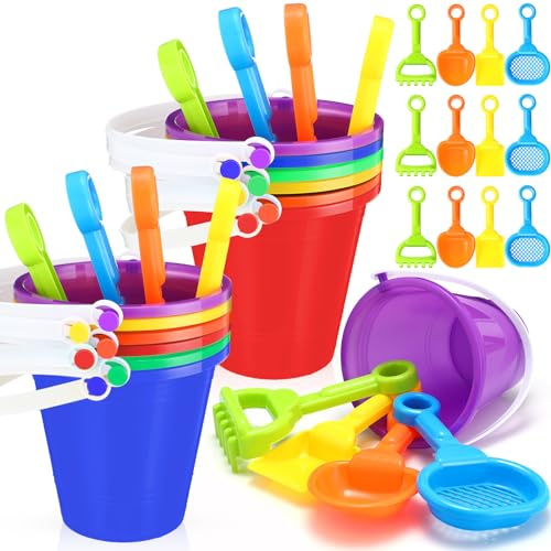 Didaey 12 Sets Sand Buckets and Shovels for Kids 5 Inch Small Beach Sand Pails and Shovels Toys Bulk Colorful for Boys Girls Summer Beach Tool Theme Birthday Party Favors