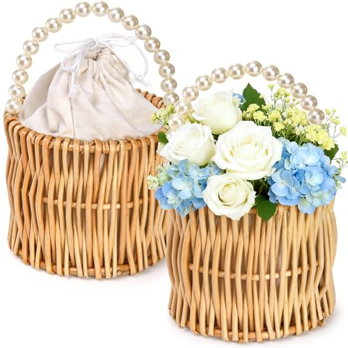 ZEAYEA 2 Pack Flower Girl Basket with Pearl Handle, Wedding Wicker Rattan Storage Basket, Boho Woven Small Flower Basket for Candy, Easter, Christmas, Home Decorations