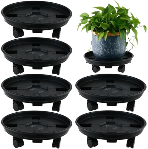 6 Packs 13 Inches Large Plant Caddy with Wheels Plant Saucers on Wheels Rolling Plant Stands Heavy-duty Plant Dolly Plastic Planter Roller Base Pot Movers Outdoor Plant Tray Coaster, Black