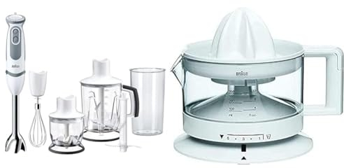 Braun Minipimer 5245 Batidora de Mano, 1000 W, 21 Velocidades, Función Turbo, Anti-Salpicaduras & TributeCollection CJ3000 WH - Exprimidor Eléctrico, 20 w, 350ml, Cantidad de Pulpa Ajustable