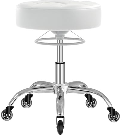 OUTMASTER Hocker, Rollen, höhenverstellbar, mit Hebering, dicker Schaumstoff, weich und bequem, mit 360°-Rollen, Bürohocker mit Tragfähigkeit bis zu 180 kg, Spa-Lounge (weiß)