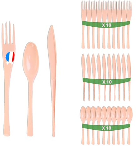 Set 30 couverts couleur ivoire - Fabriquée en France - Ménagère de 10 fourchettes, 10 couteaux, 10 cuillères - Réutilisables et recyclables - Passe au lave vaisselle - Table'Colors