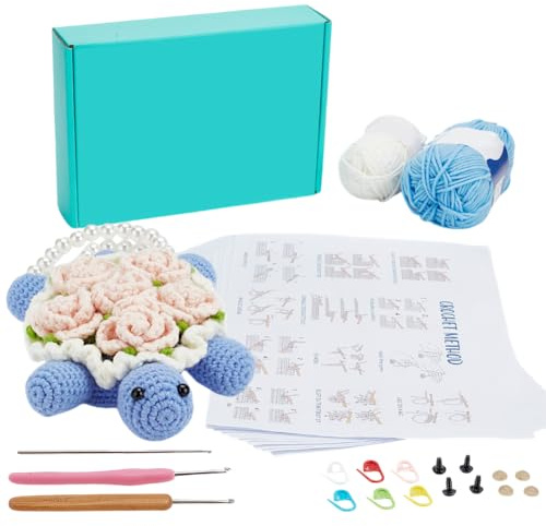 ORIGACH Häkel Tasche Set Für Anfänger, DIY Schildkrötentasche Mit Blumenrücken Starter Häkelset Für Erwachsene Mit Schritt Für Schritt Videoanleitung