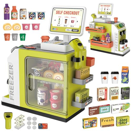 FORMIZON Kasse Spielzeug für Kinder, Supermarkt Registrierkasse mit Scanner, Spielgeld, Kreditkarte, Elektronische Supermarktkasse, Kaufladen Zubehör Rollenspiel Geschenk Jungen Mädchen (Grün1)