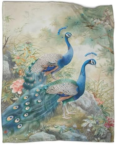 Pfauen Kuscheldecke 50x60inch(127x152cm),weich & Warm,extra Flauschig Als Sofadecke Chinesische Malerei Wohndecke Yogadecke Tagesdecke,Plüsch Sofaüberwurf