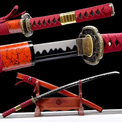 KWXPW 103cm Japanischer Katana,Manganstahl Schmieden Klinge,Holzscheide,handgefertigt Rot Samurai-Schwert für Cosplay,Requisiten,Geschenke,Dekorationen,Kendo-Training,Festivals