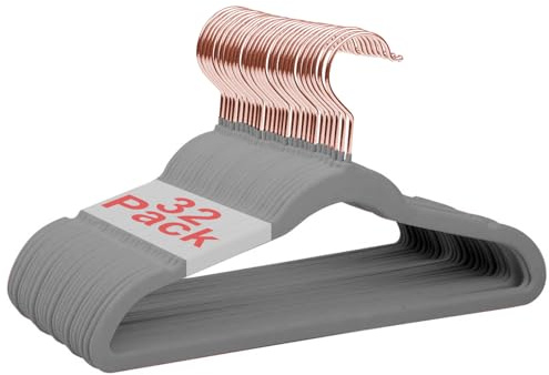 Wellong Kids Velvet Hangers, 14 Inches Kids Clothes Hangers, Non-Slip Childrens Hangers for Shirts, Pants, Skirts, Dresses, Jackets, Coat, 32 Pack Grey - Rose Gold Hook