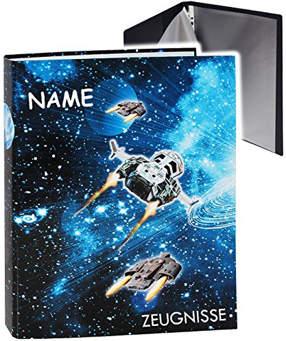 alles-meine.de GmbH A4 - Ordner - Zeugnisse__ Weltraum - Space - Raumschiff - incl. Name - mit Einsteckseiten - ERWEITERBAR - Ringbuch/Sammelordner - Zeugnismappe & Do..
