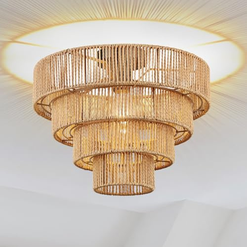 FORCOSO Deckenleuchte Rattan, Boho Deckenlampe mit 4 Lagen Natürlicher Rattan Lampenschirm, E27 Vintage Kronleuchter, Rustikal Braun Lampe Decke Für Wohnzimmer Schlafzimmer Esszimmer Küche Flur
