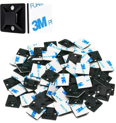 woojfcang 100 Pcs 1.1 Cable Tie Bases Pads Holders, Black Cable Tie Mount Strong Self Adhesive Wire Tie Base Holder Multi-Function Sticky 3M Cable Management Clips,Cable Tidy Clips for Home Office