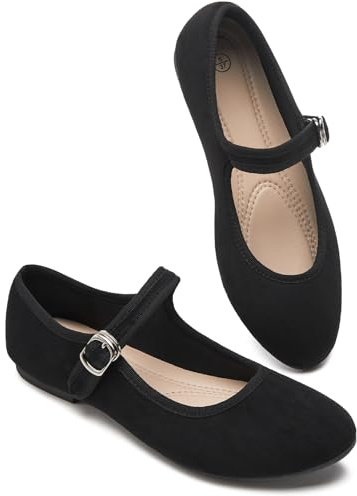 BABUDOG Womens Mary Jane Flats with Strap,Faux Suede Black Flats Shoes,Flats Shoes Women Dressy Comfortable(Black 08)