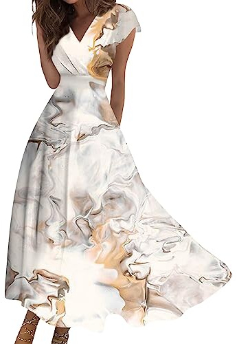 Maxikleid Damen Sommer Elegant Sommerkleid Lang A Linie Kleid Frauen V Ausschnitt Hohe Taille Kleider Tailliert Damenkleider mit Ärmel Sommerkleider Leicht und Luftig Strandkleid Schwingen
