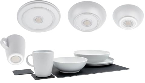 Silwy®, set di stoviglie magnetiche DOLOMIT WHITE – 11 pezzi in plastica design STONETouch, per camper, campeggio e barca, senza rumori e infrangibili, incluso tappetino in gel e pastiglie (bianco)