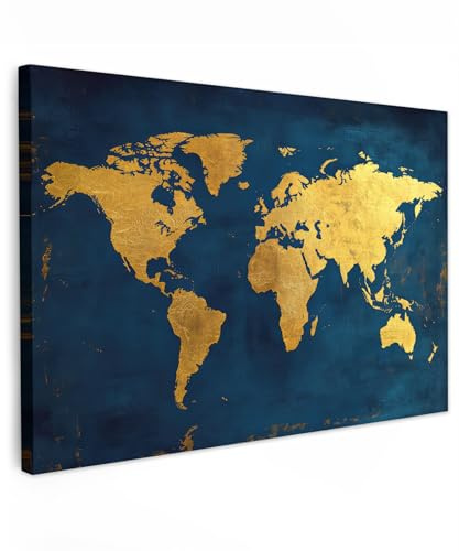 MuchoWow© Impressions sur Toile Deco Tableau Murale Decoration Salon | 120x80 cm - Peinture Tableaux Chambre Toiles Maison Carte du Monde - Or - Bleu Foncé