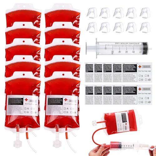 31 Pezzi Halloween Sacchetti di Sangue per Bevande,Contenitore per Bevande per Feste, Feste Addobbi con Siringa, Adesivi e Clip, per Halloween