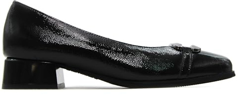 PITILLOS - Zapato de salón,Mercedita con tacón bajo,Piel,Sencillo,manoletina,Charol,Brillo,eslabón de Adorno para: Mujer Color: Negro Talla:38