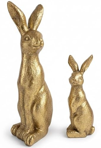 khevga Lot de 2 lapins décoratifs dorés - Figurines de décoration de Pâques en polyrésine - Lapins brillants - Décoration de table moderne - 22 cm et 13 cm de haut