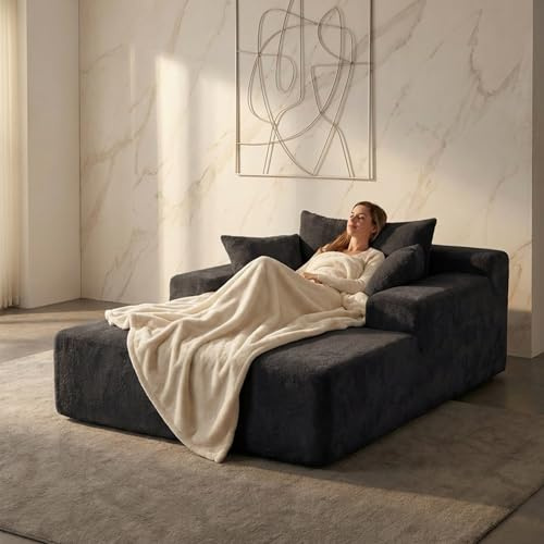 Sytopia Chaise Lounge with Armrests, Oversized Sofa Bed with 3 Pillows, Cozy Boneless Couch, Sleeper Reading Chair for Living Room Bedroom, Floor Sofa Chenille, Furniture Sala, Black Onyx