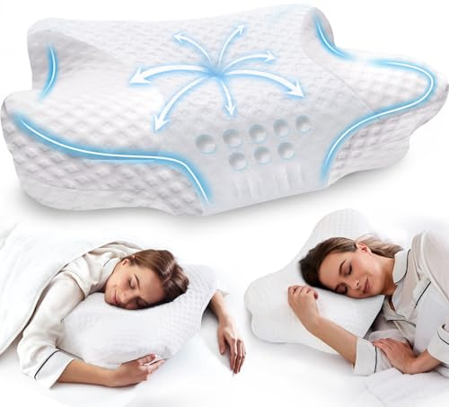 VJASD Orthopädisches Nackenstützkissen aus Memory Foam – Ergonomisches Kopfkissen gegen Nackenschmerzen, höhenverstellbares Seitenschläferkissen mit atmungsaktivem Bezug (Blau)