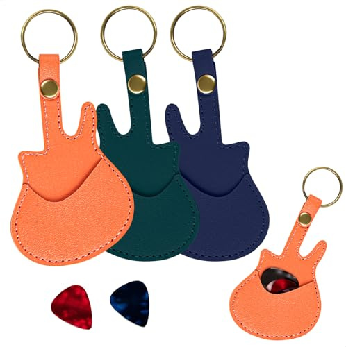 mimzemamz Puas-fodral gitarr, bärbar plektrumhållare i PU-läder med spår, multifunktionell användning gitarrplockning, 3 st (grön, blå, orange)